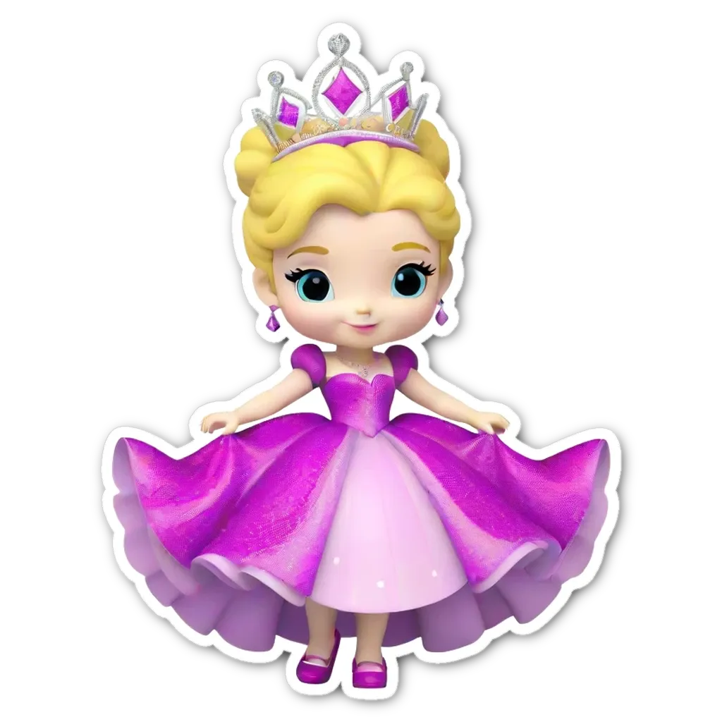 A purple and pink dress with a crown on the head.