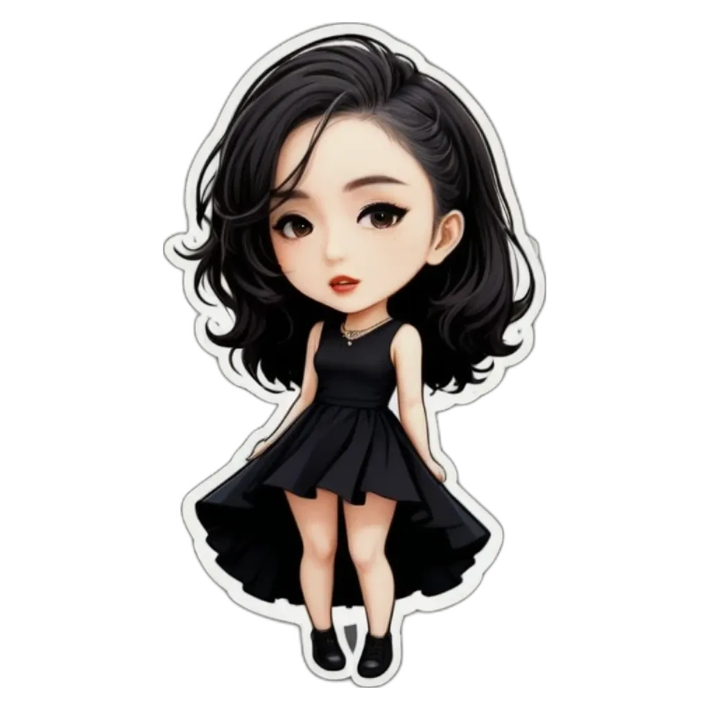 A sticker of a girl wearing a black dress.