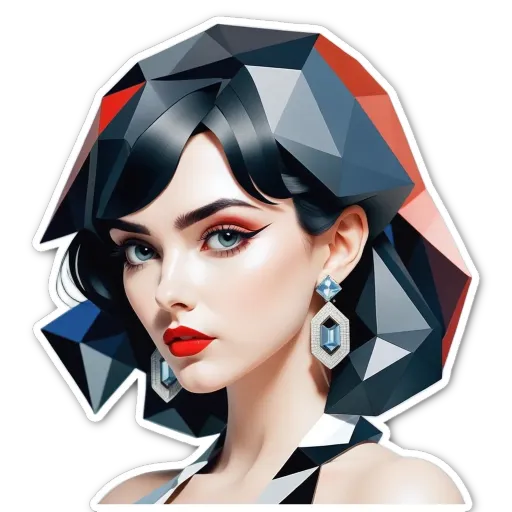 A woman with red lipstick and earrings in a geometric headshot.