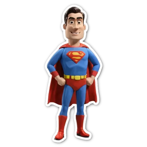 A sticker of a man in a blue and red costume with the word superman on it.