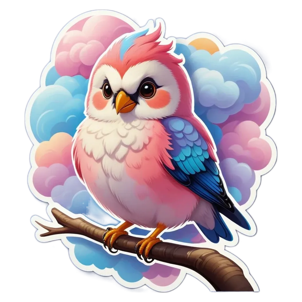 A cartoon bird is perched on a branch.