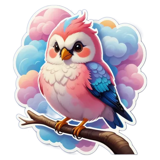A cartoon bird is perched on a branch.