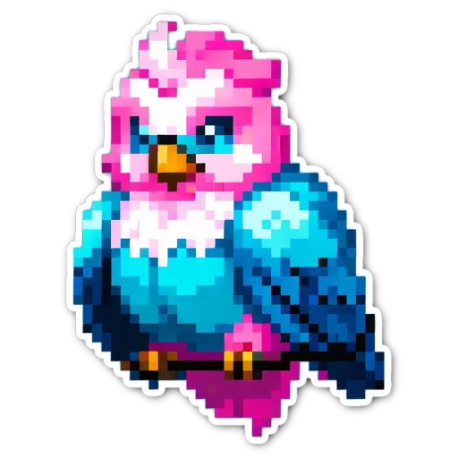 A bird is painted in pink and blue colors with a black background.