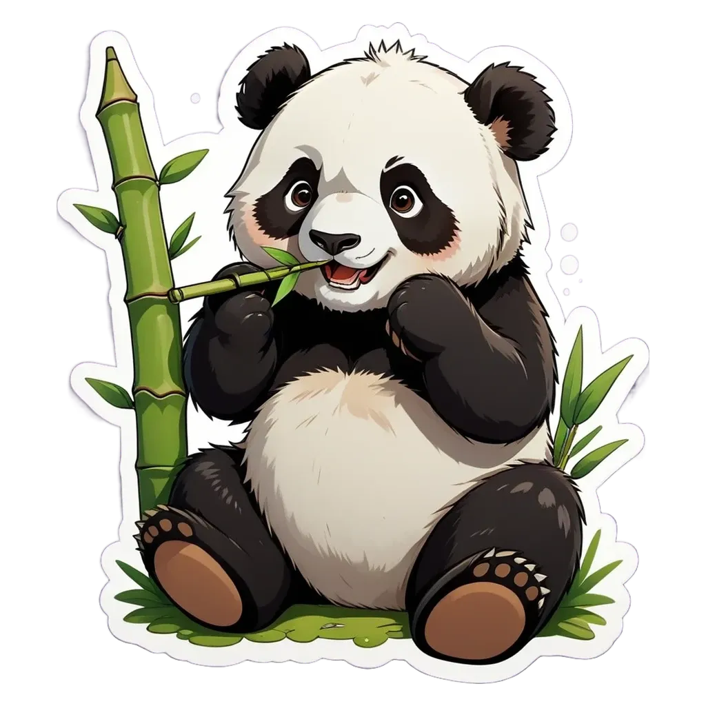 A panda bear holding a bamboo in its mouth.