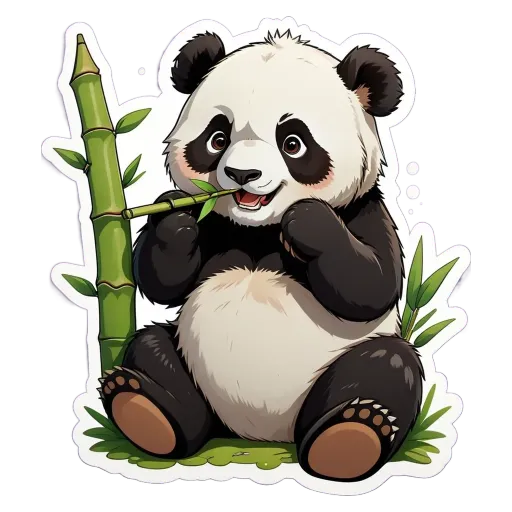 A panda bear holding a bamboo in its mouth.