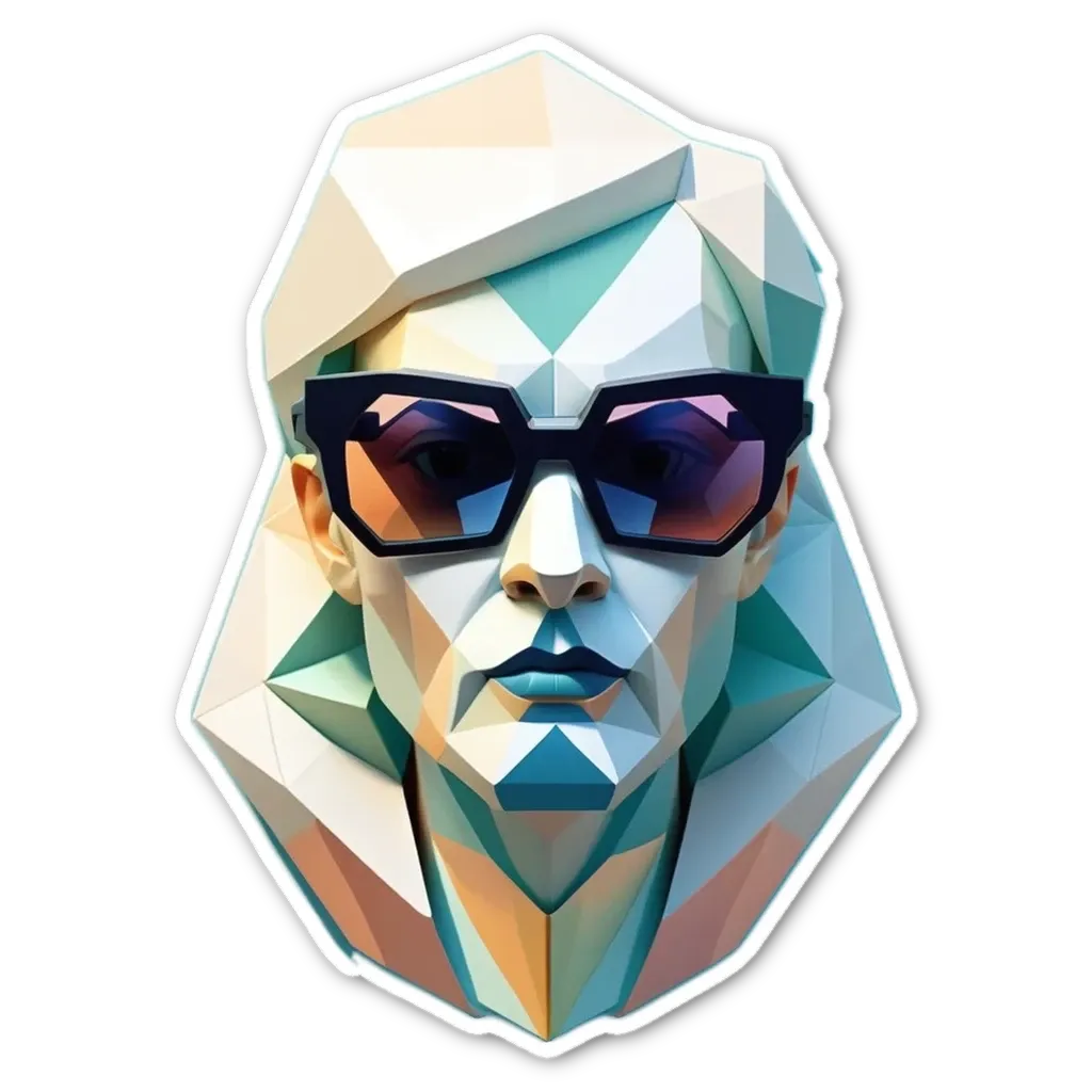 A geometric design of a woman with sunglasses on her head.