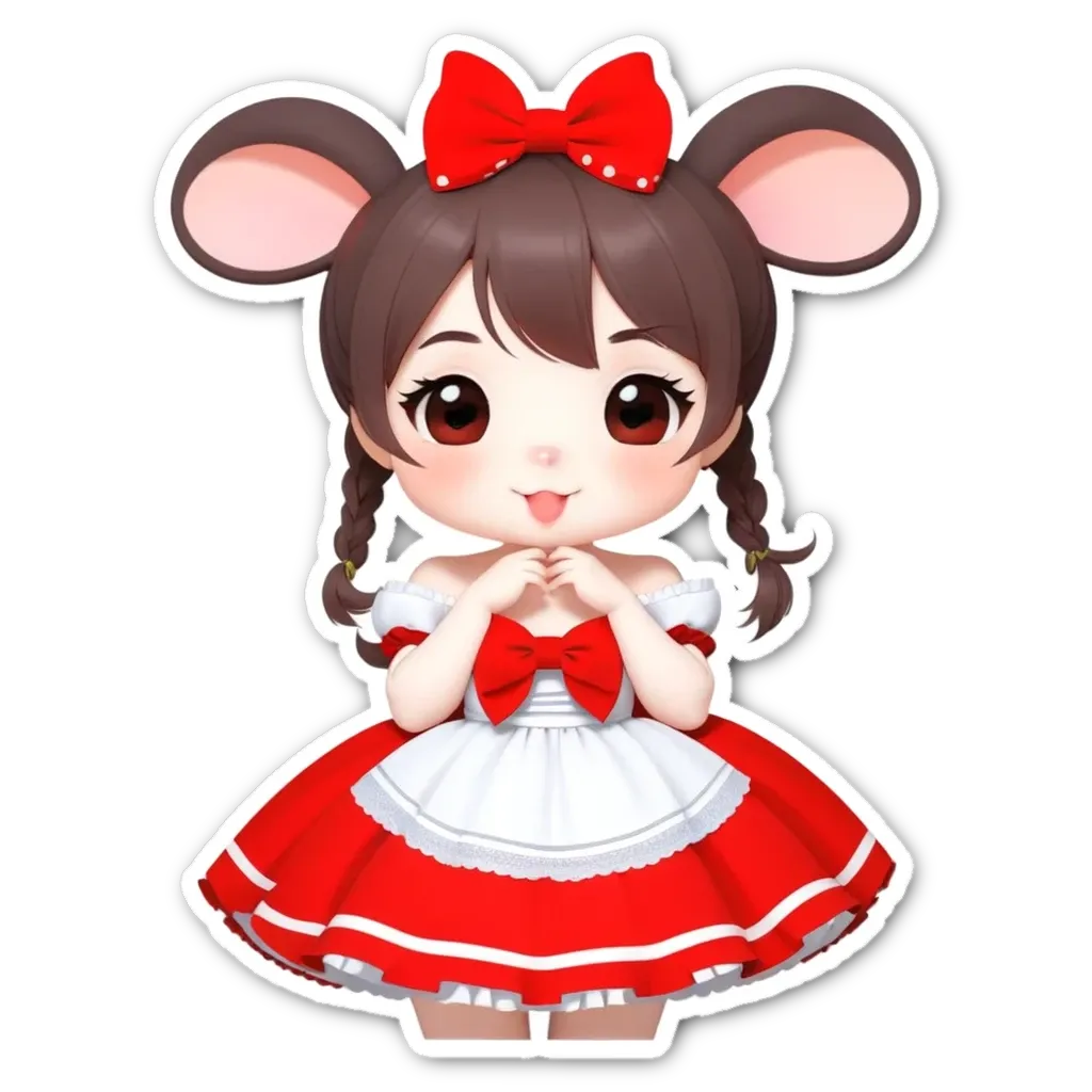 A girl mouse that is red and white with a bow on her head.