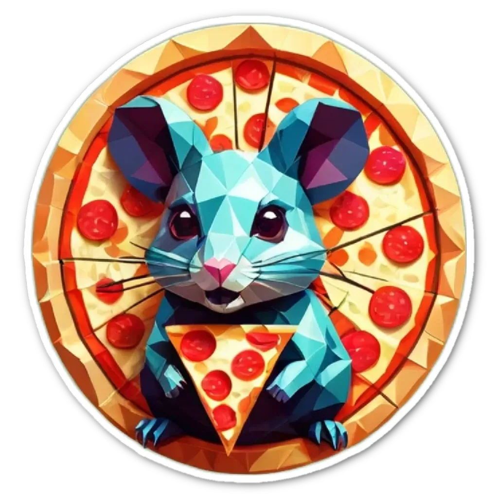 A blue and white cartoon mouse eating a slice of pizza.