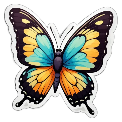 A butterfly with blue and orange wings is on a black background.