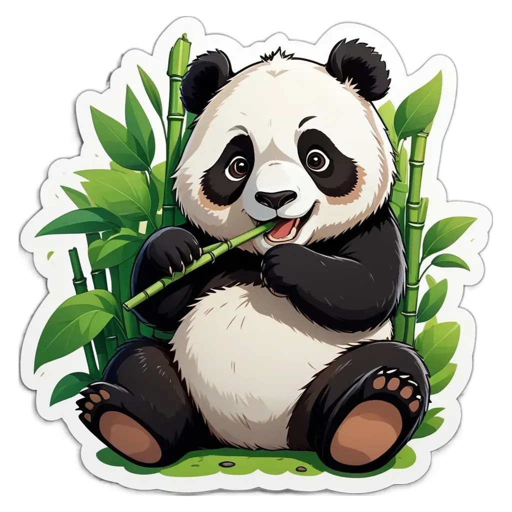A panda bear holding a bamboo in its mouth.