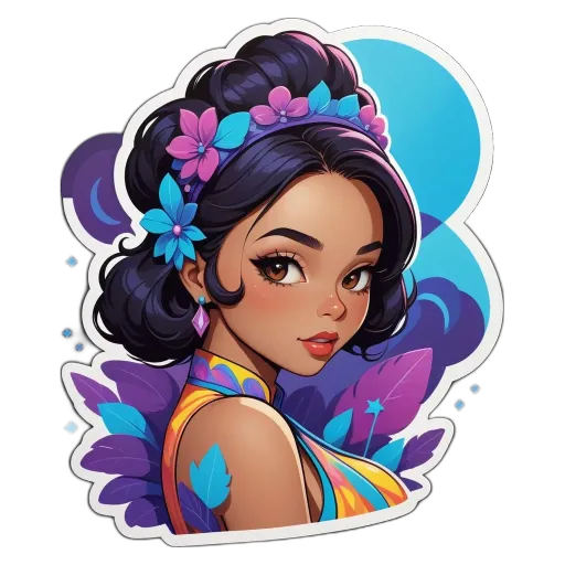 A girl with a black nose and blue flowers in her hair.