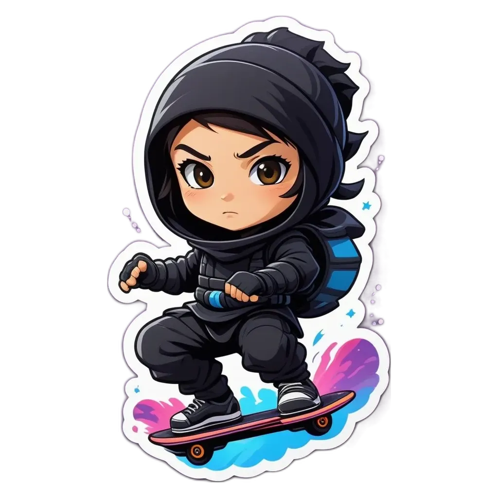 A sticker of a girl who is skateboarding with a backpack on.