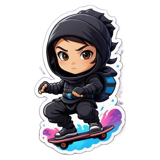 A sticker of a girl who is skateboarding with a backpack on.