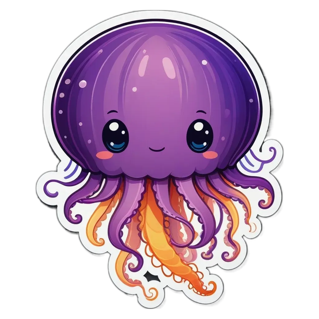 A sticker of a octopus with an orange eye and a purple face.
