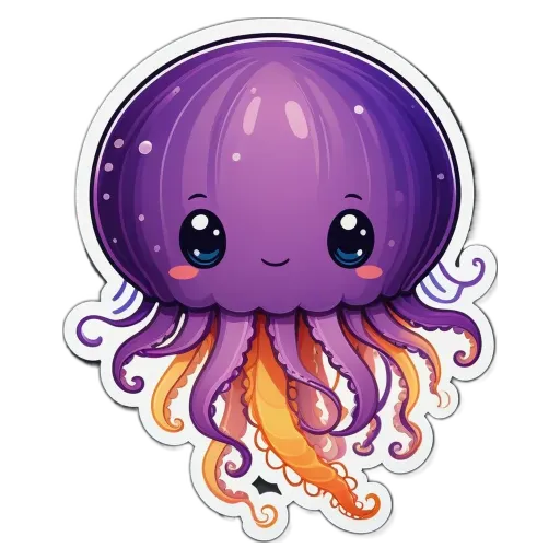 A sticker of a octopus with an orange eye and a purple face.