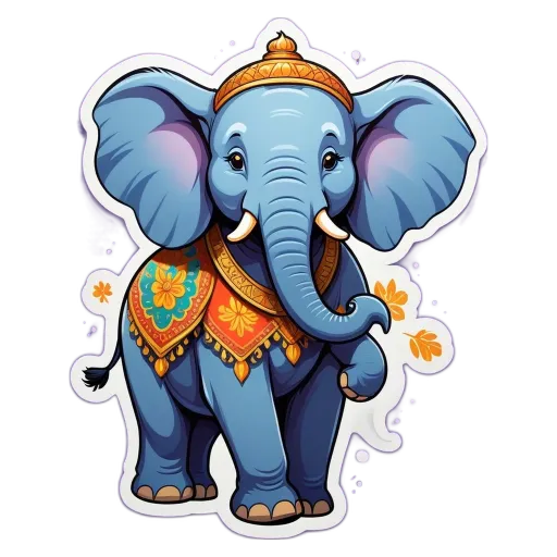 A cartoon drawing of an elephant wearing a colorful scarf and headdress.