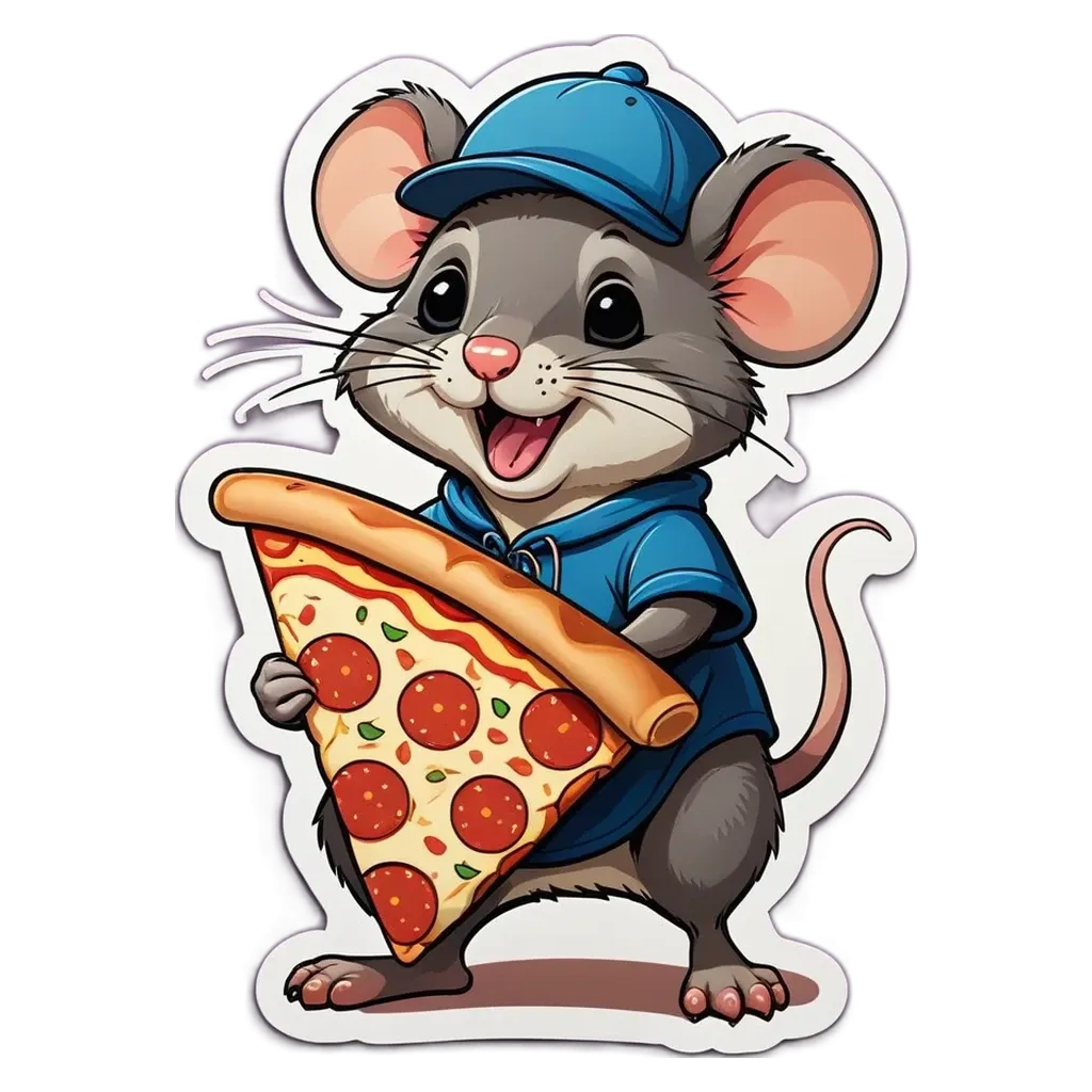 A cartoon picture of a mouse holding a slice of pizza.