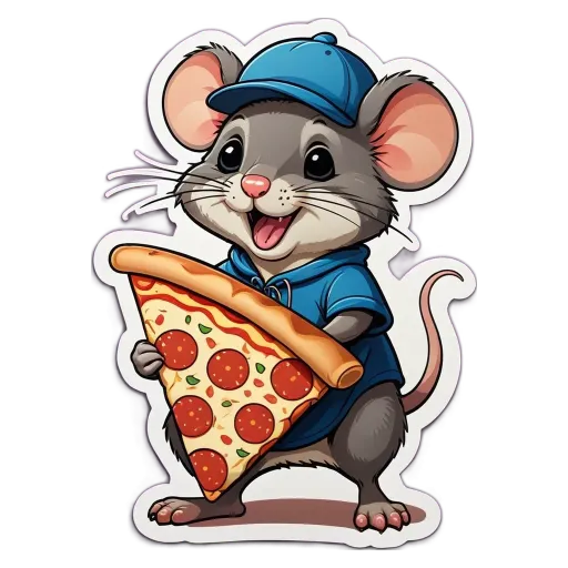 A cartoon picture of a mouse holding a slice of pizza.