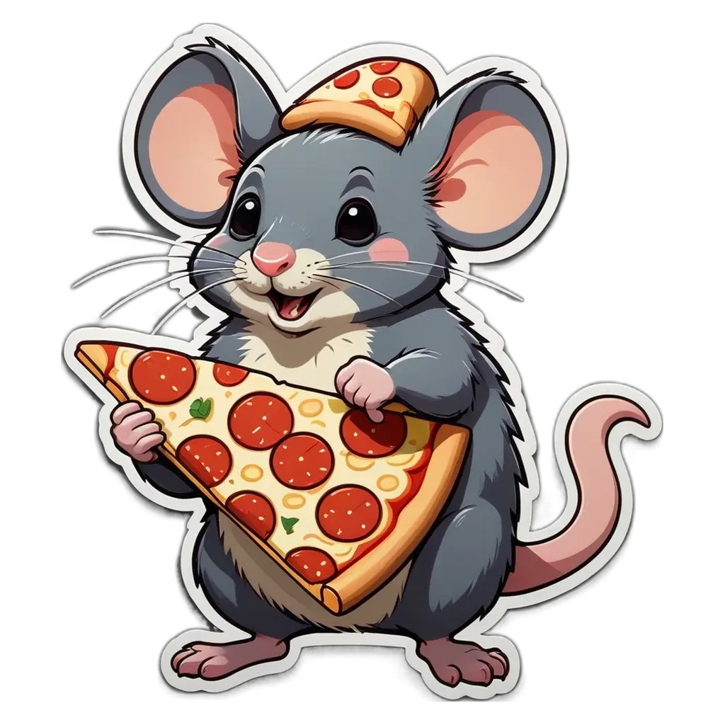 A cartoon picture of a mouse holding a slice of pizza.