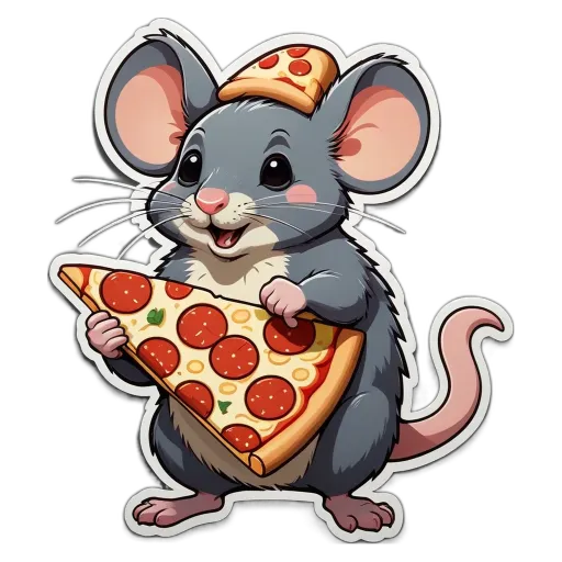 A cartoon picture of a mouse holding a slice of pizza.