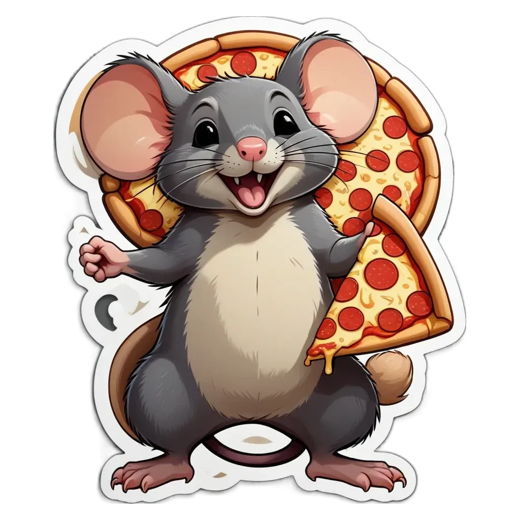 A cartoon image of a mouse holding a slice of pizza.