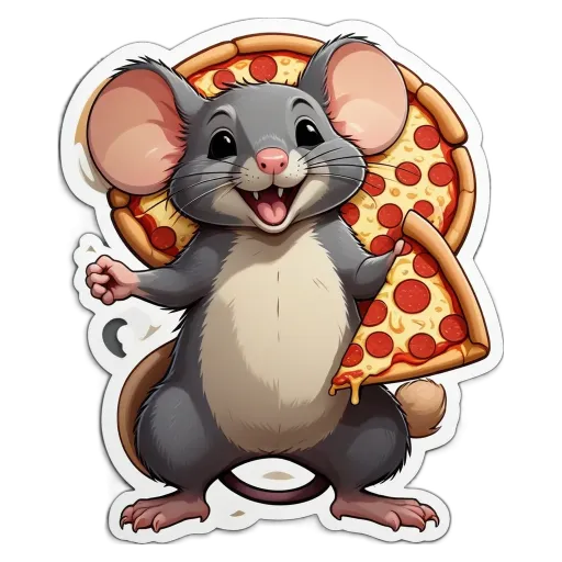 A cartoon image of a mouse holding a slice of pizza.