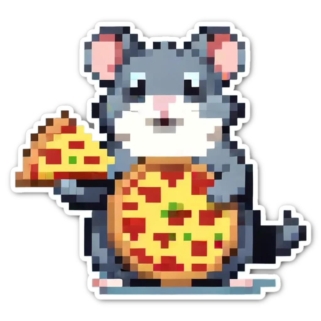 A hamster holding a slice of pizza in its paws.