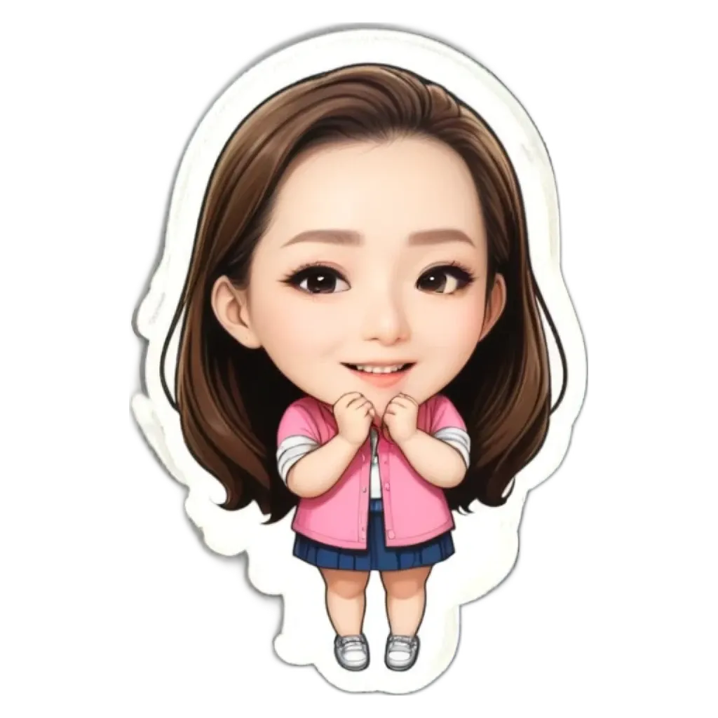 A girl with a pink jacket and blue skirt.