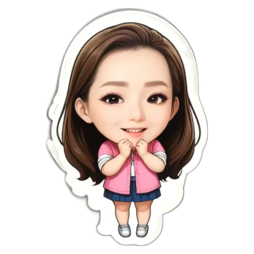 A girl with a pink jacket and blue skirt.