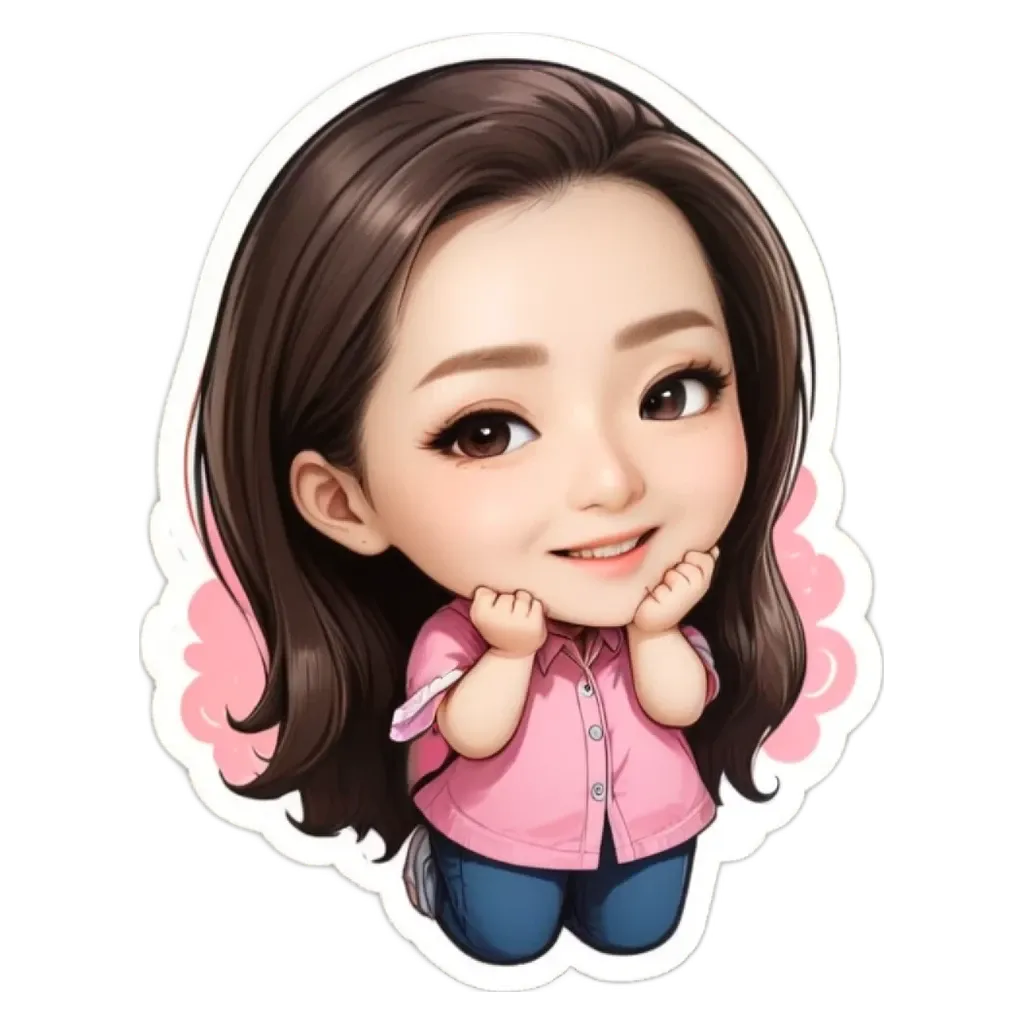 A cartoon girl with a pink shirt who is kneeling down.