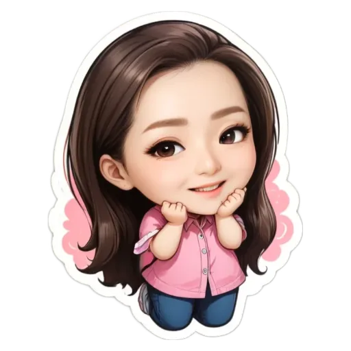 A cartoon girl with a pink shirt who is kneeling down.