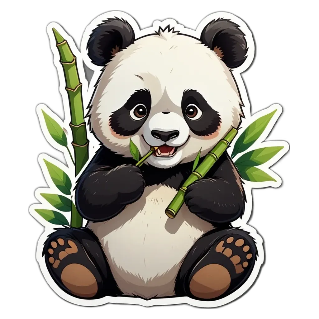 A panda bear holding a bamboo in its mouth.