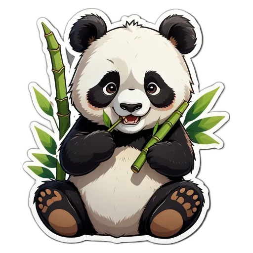 A panda bear holding a bamboo in its mouth.