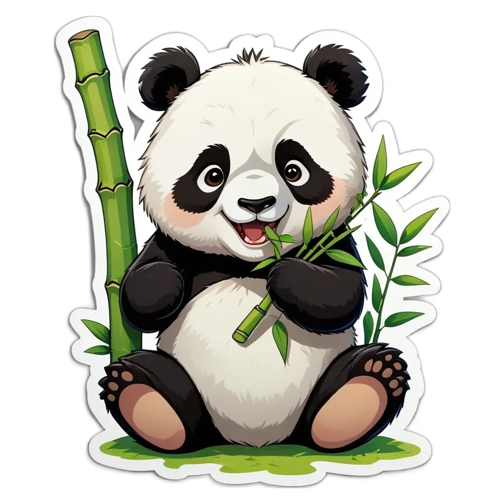 A panda bear holding a bunch of bamboo in its mouth.