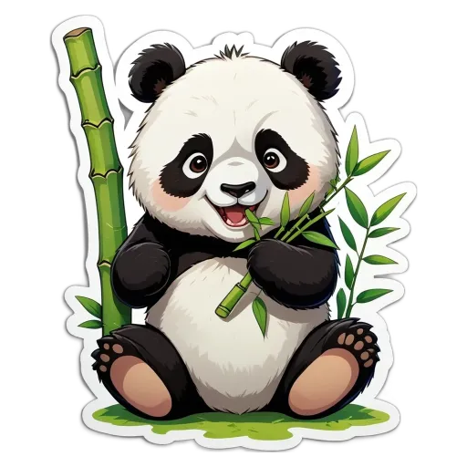 A panda bear holding a bunch of bamboo in its mouth.