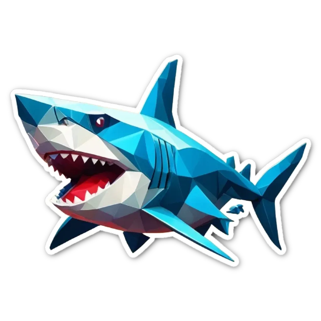 A blue and white shark polygon sticker on a black background.