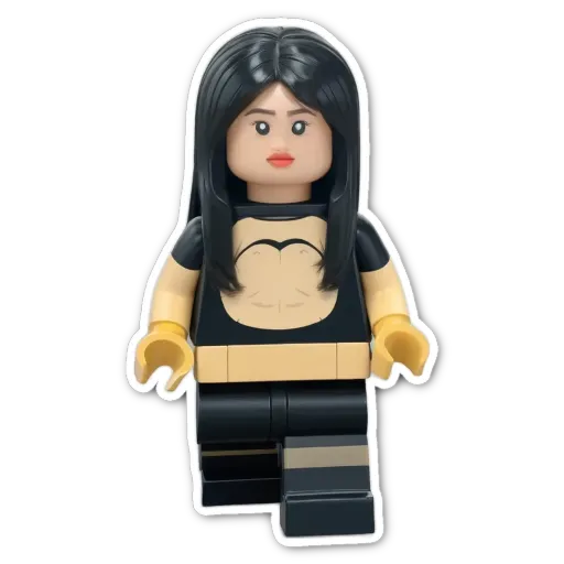 A black and yellow lego figure of a woman.