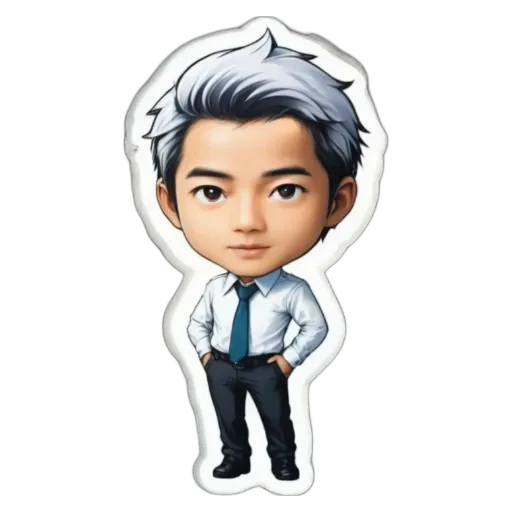 A cartoon drawing of a man wearing a tie and standing with his hands in his pockets.