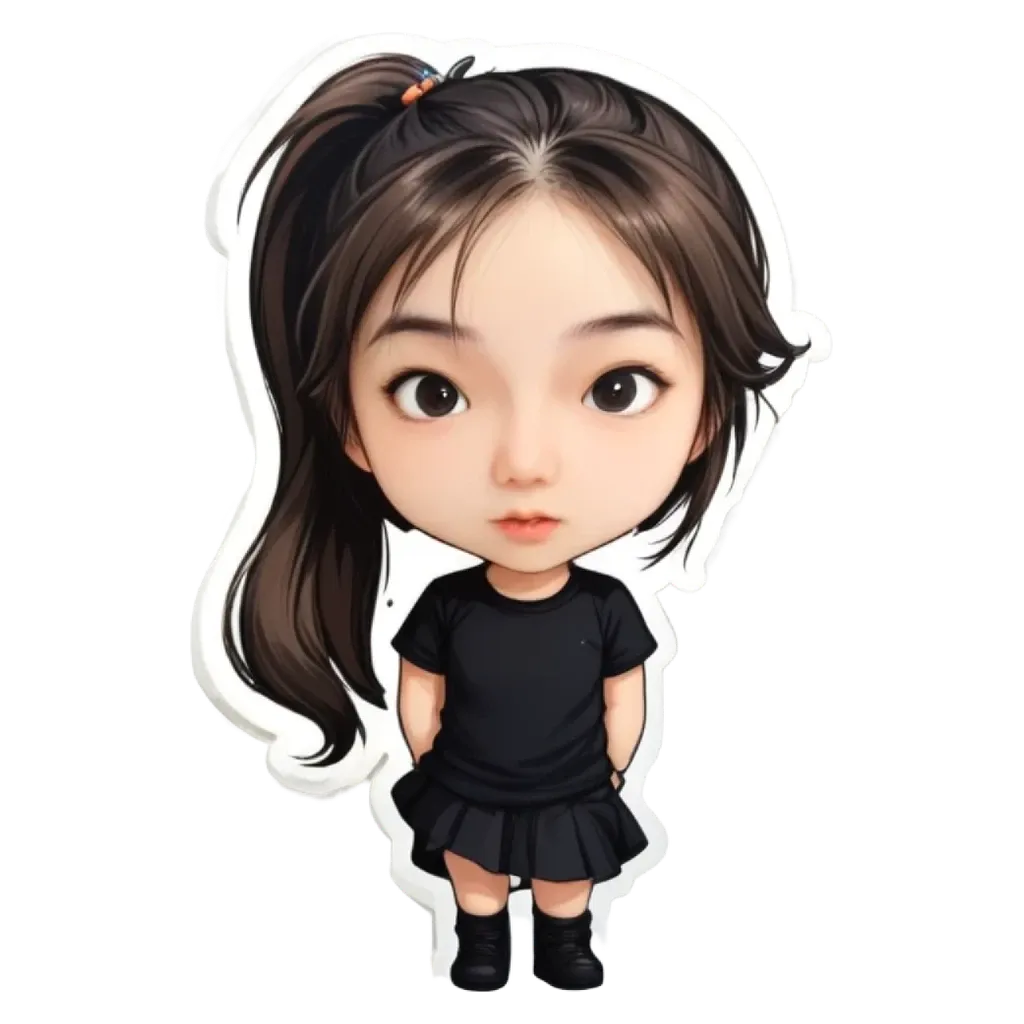 A cartoon girl with a pom pom on her head is standing in front of a black background.