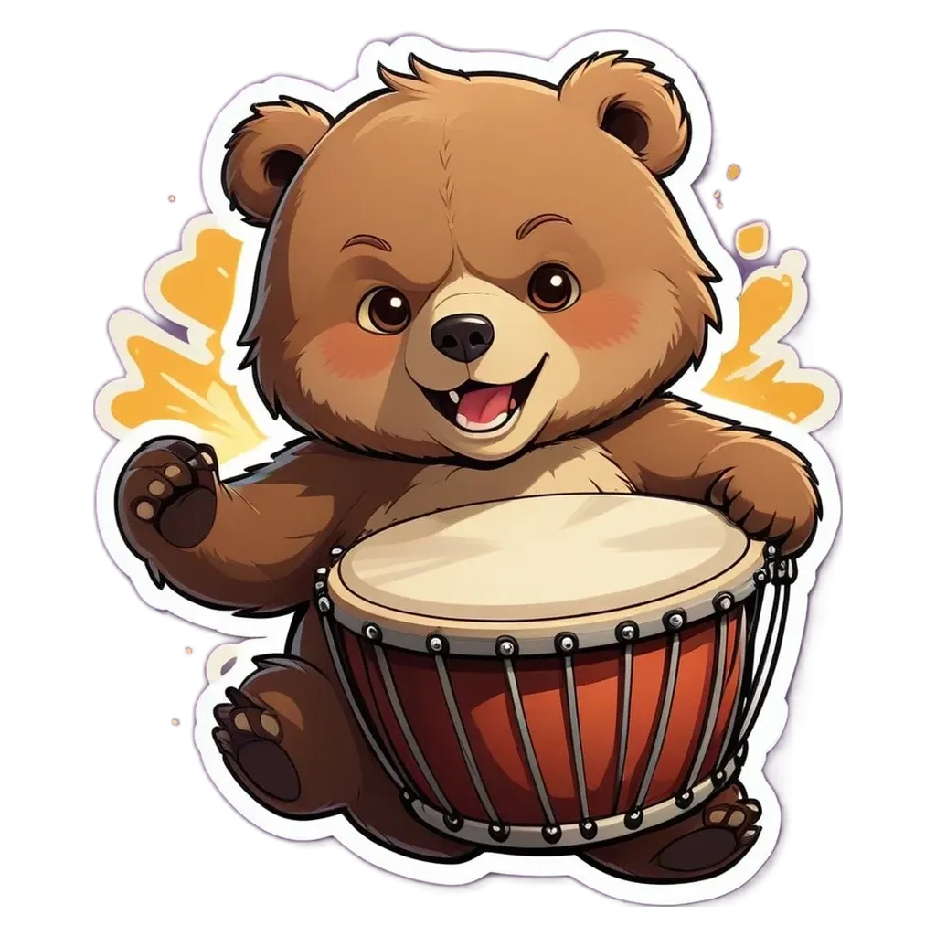 A cartoon bear holding a drum set and smiling.