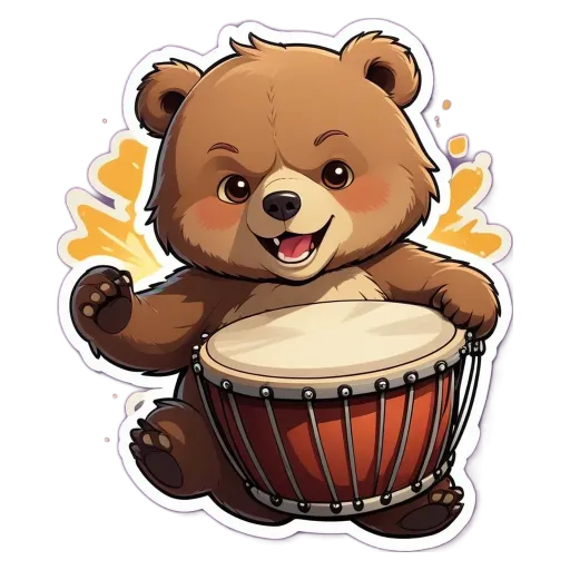 A cartoon bear holding a drum set and smiling.