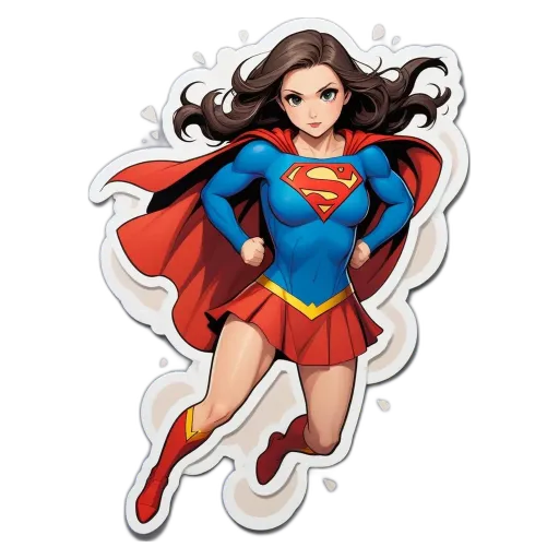 A super hero girl in a red and blue skirt flying through the air.