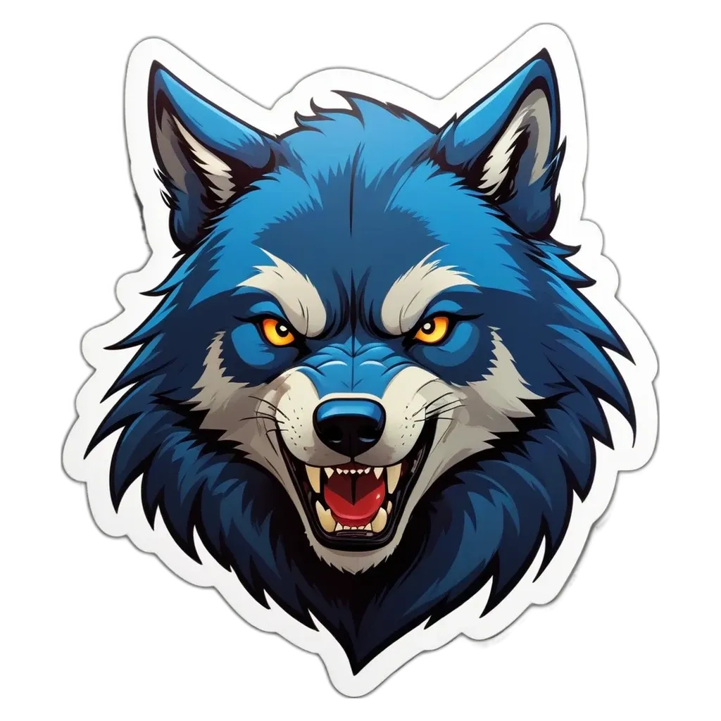 A cartoon depiction of a howling wolf with yellow teeth.