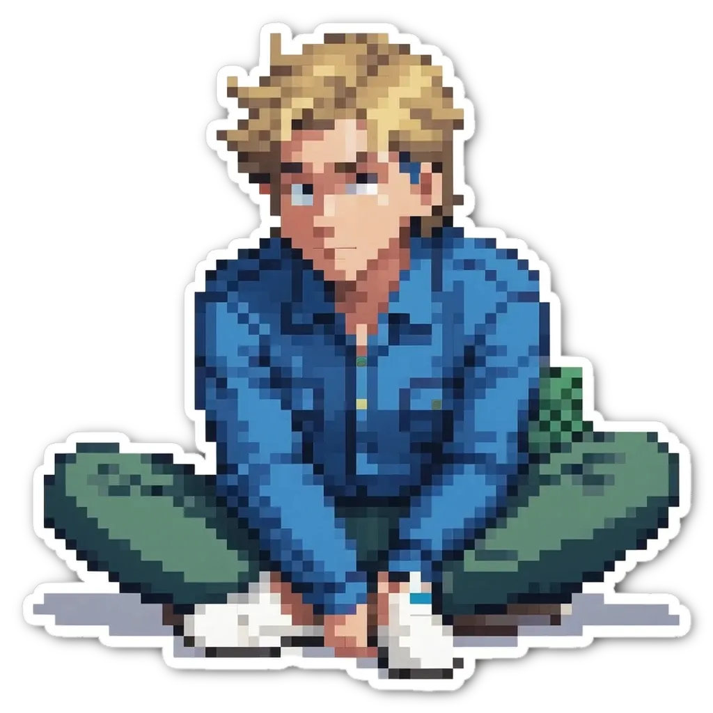 A sticker of a boy in blue jeans and a blue jacket.