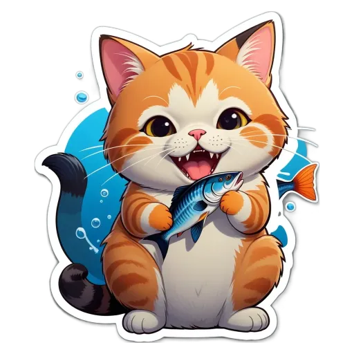 A cartoon cat holding a fish is sticker.