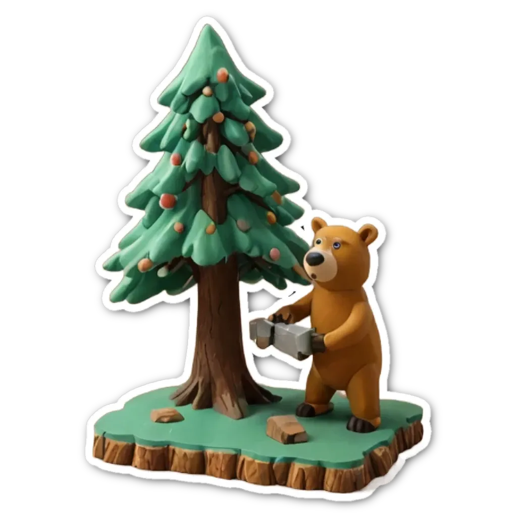 A sticker of a bear that is holding a chainsaw and is next to a tree.