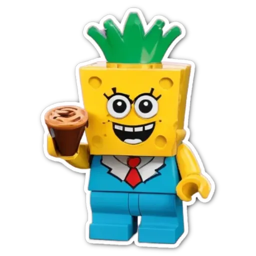 A lego spongebob holding a drink and wearing a tie.