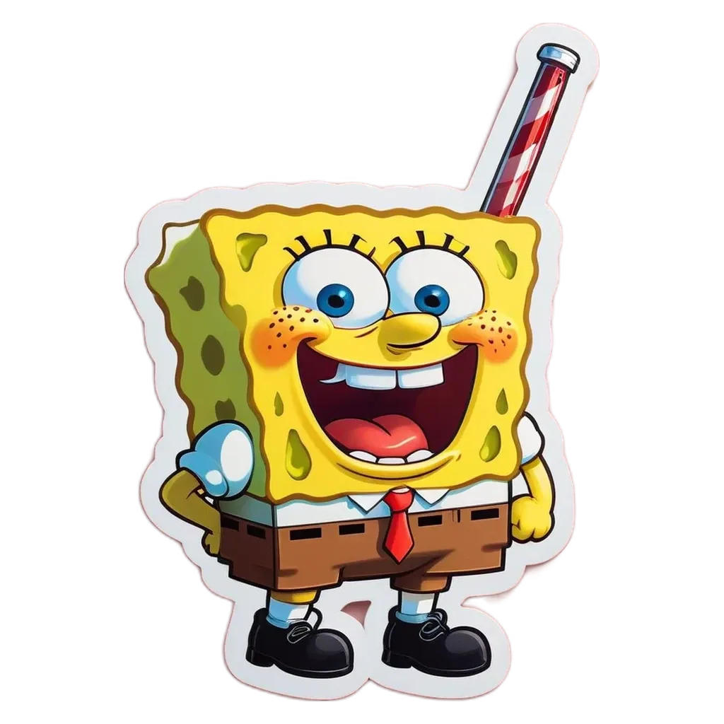 A Spongebob Squarepape with a red drink straw in his ear.