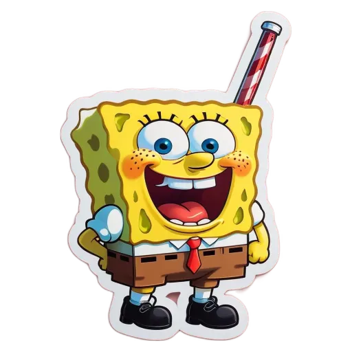 A Spongebob Squarepape with a red drink straw in his ear.