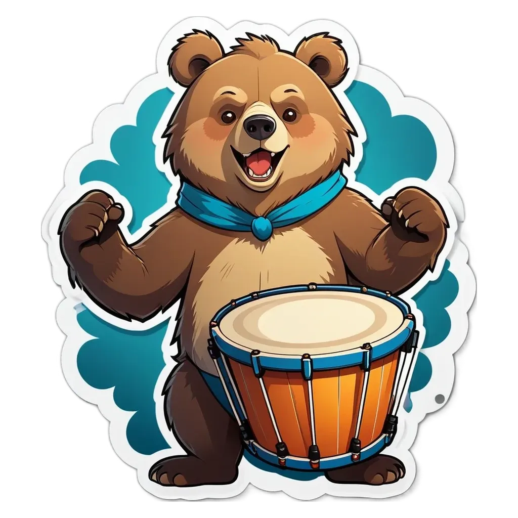 A drumming bear with a blue scarf is holding an orange drum.